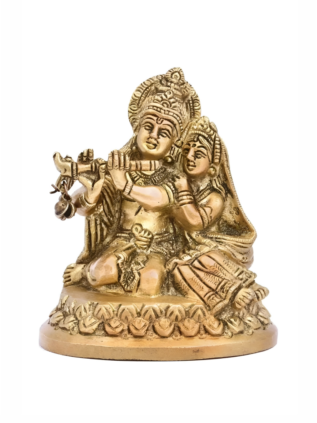 The Advitya Radha Krishna Sitting Gold Brass Metallic Prayer Room Tiny Showpiece - 3.5 Inches