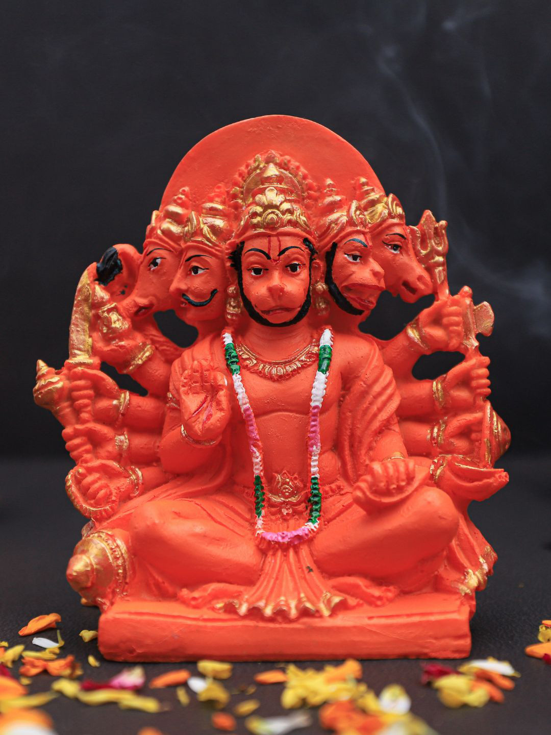 The Advitya Panchmukhi Hanuman Orange Polyresin Glossy Prayer Room Small Showpiece - 4.6 Inches