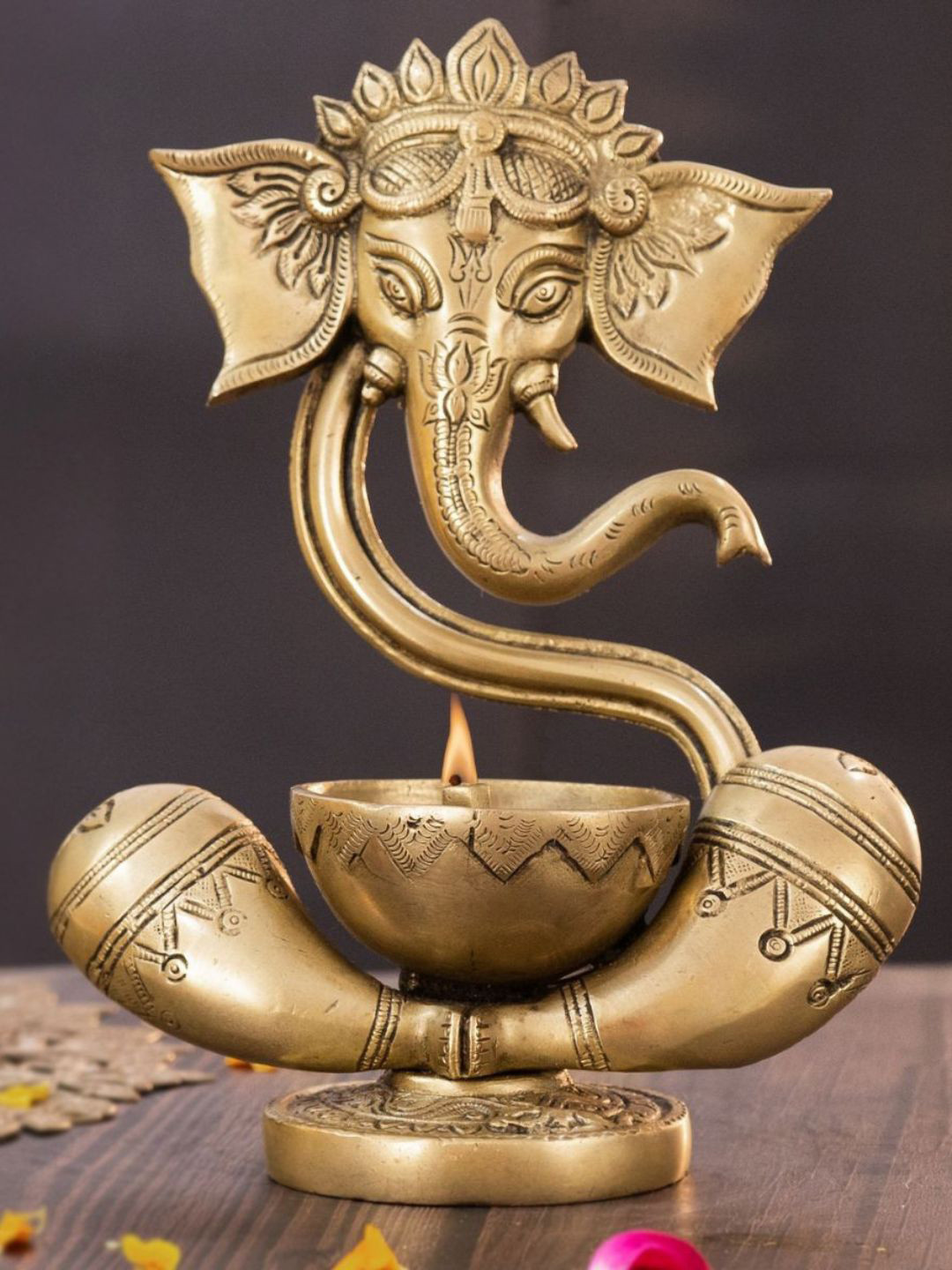 The Advitya Ganesha with Akhand Diya Gold Brass Metallic Prayer Room Small Showpiece - 8 Inches