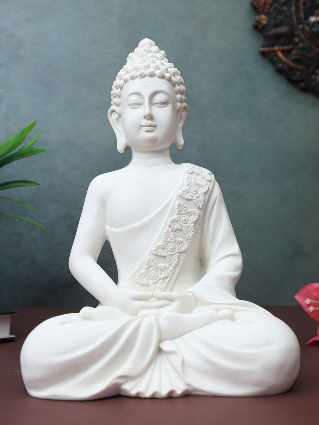 The Advitya Meditating Buddha Sitting White Polyresin Natural Prayer Room Medium Showpiece - 10 Inches