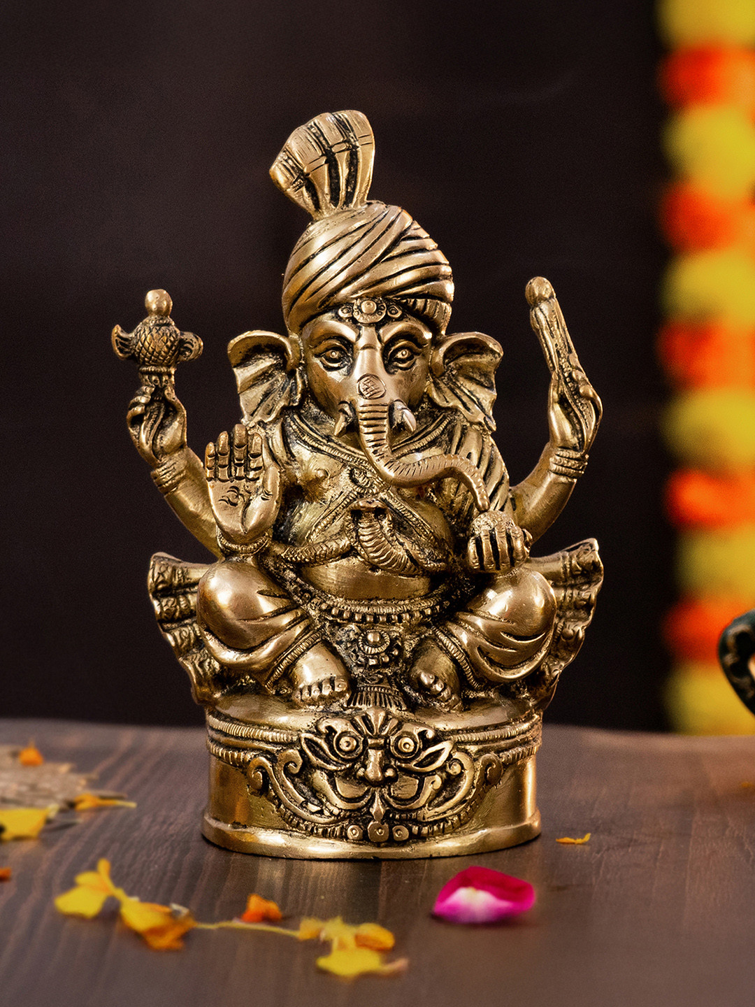 The Advitya Vighnaharta Lord Ganesha with Pagdi Gold Brass Metallic Prayer Room Small Showpiece - 4.6 Inches