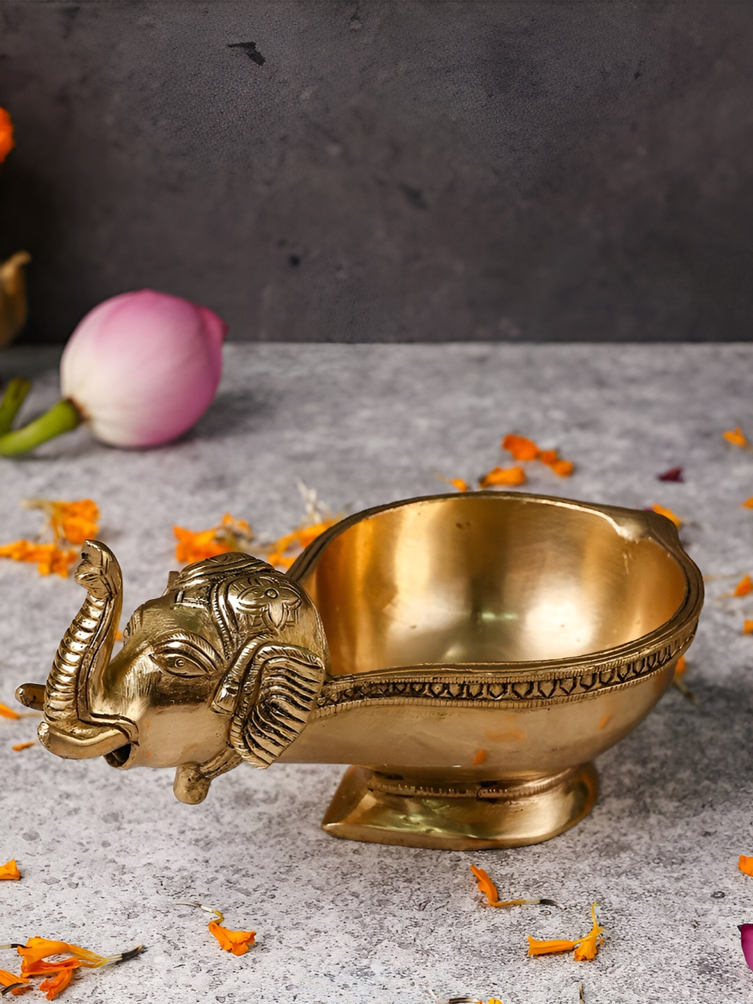 The Advitya Elephant with Diya Gold Brass Metallic Prayer Room Small Showpiece - 3.9 Inches