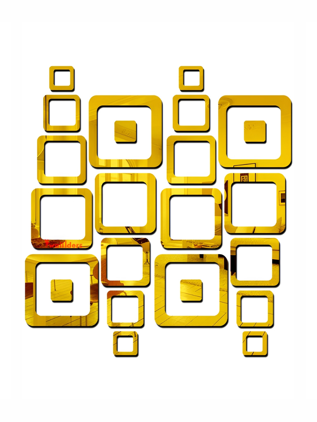 Wall1ders 24 Pieces Gold Toned Square Mirror Wall Stickers