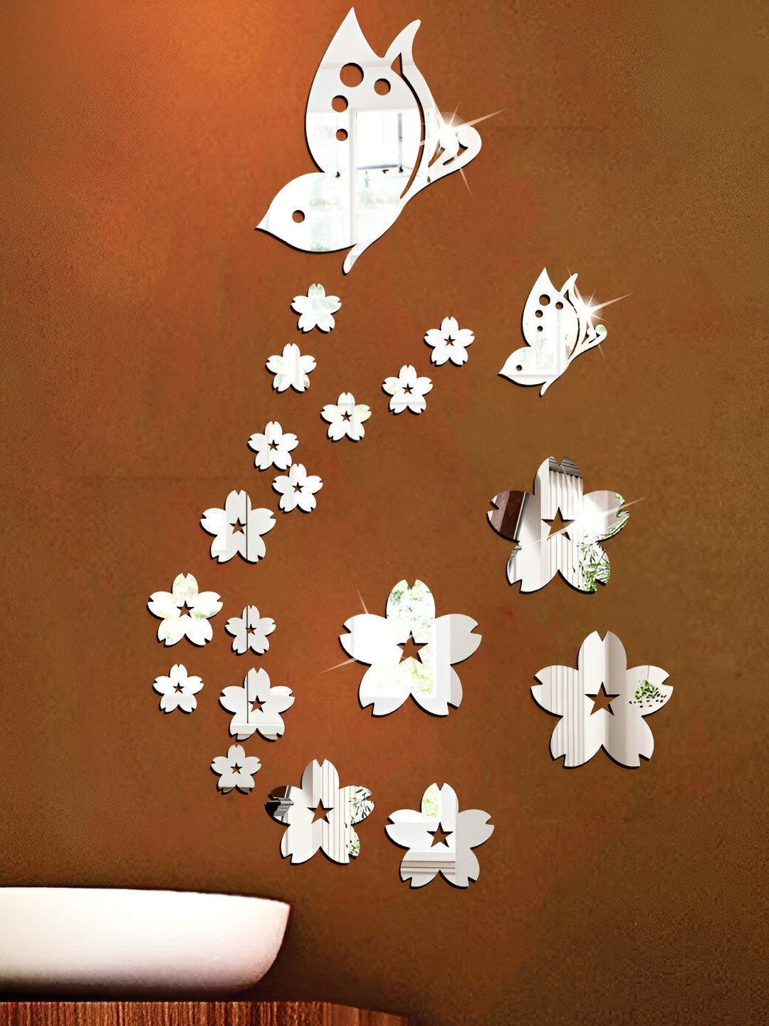 Wall1ders 21 Pieces Silver Toned Butterfly & Flower Mirror Wall Stickers