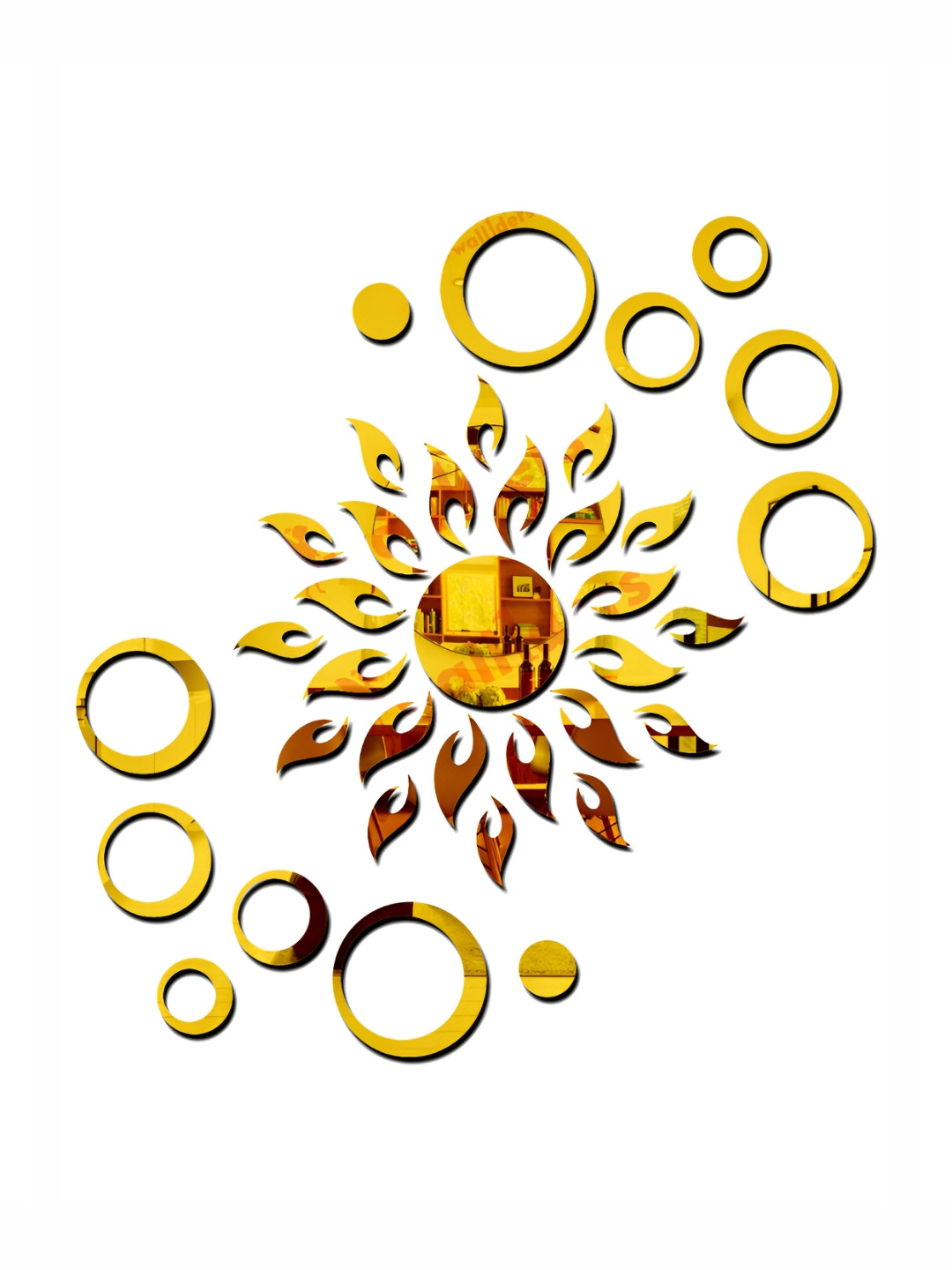 Wall1ders Gold Toned 37 Pieces Acrylic Sun With Ring Mirror Wall Stickers