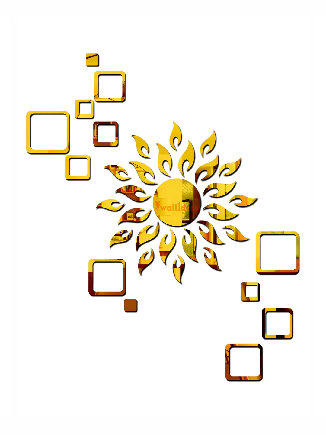 Wall1ders 37 Pieces Gold Toned Sun With Square Mirror Wall Stickers