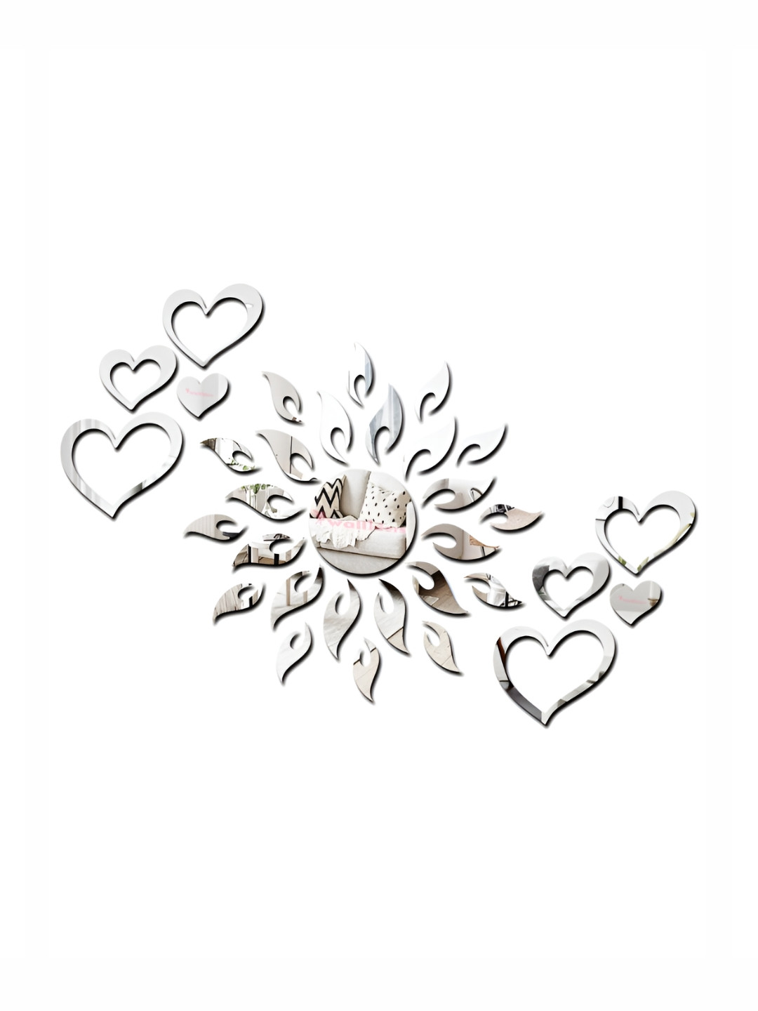 Wall1ders Silver Toned 33 Pieces Acrylic Sun With Heart Shape Mirror Wall Stickers