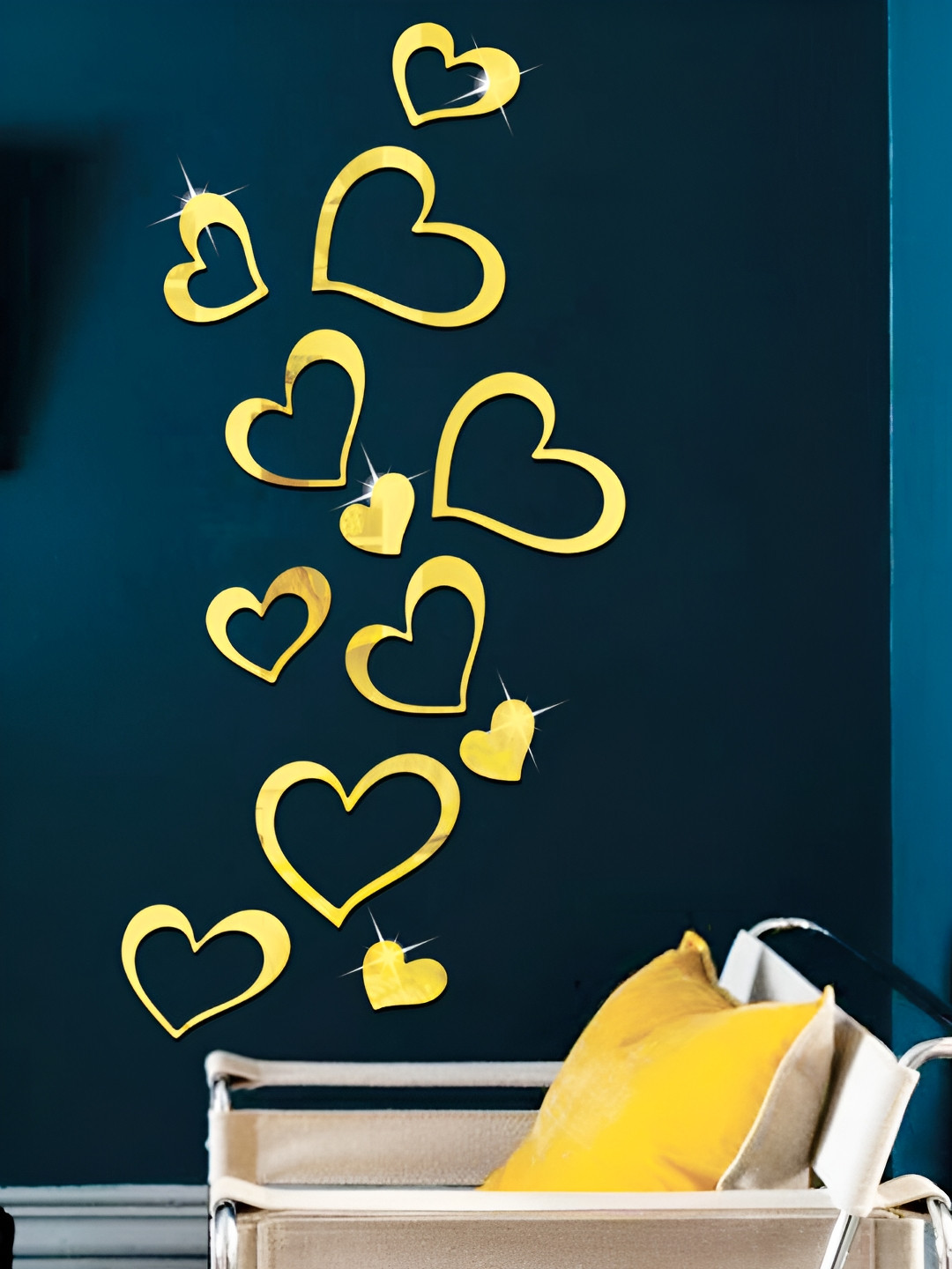 Wall1ders 16 Pieces Gold Toned Heart Shape Mirror Wall Stickers