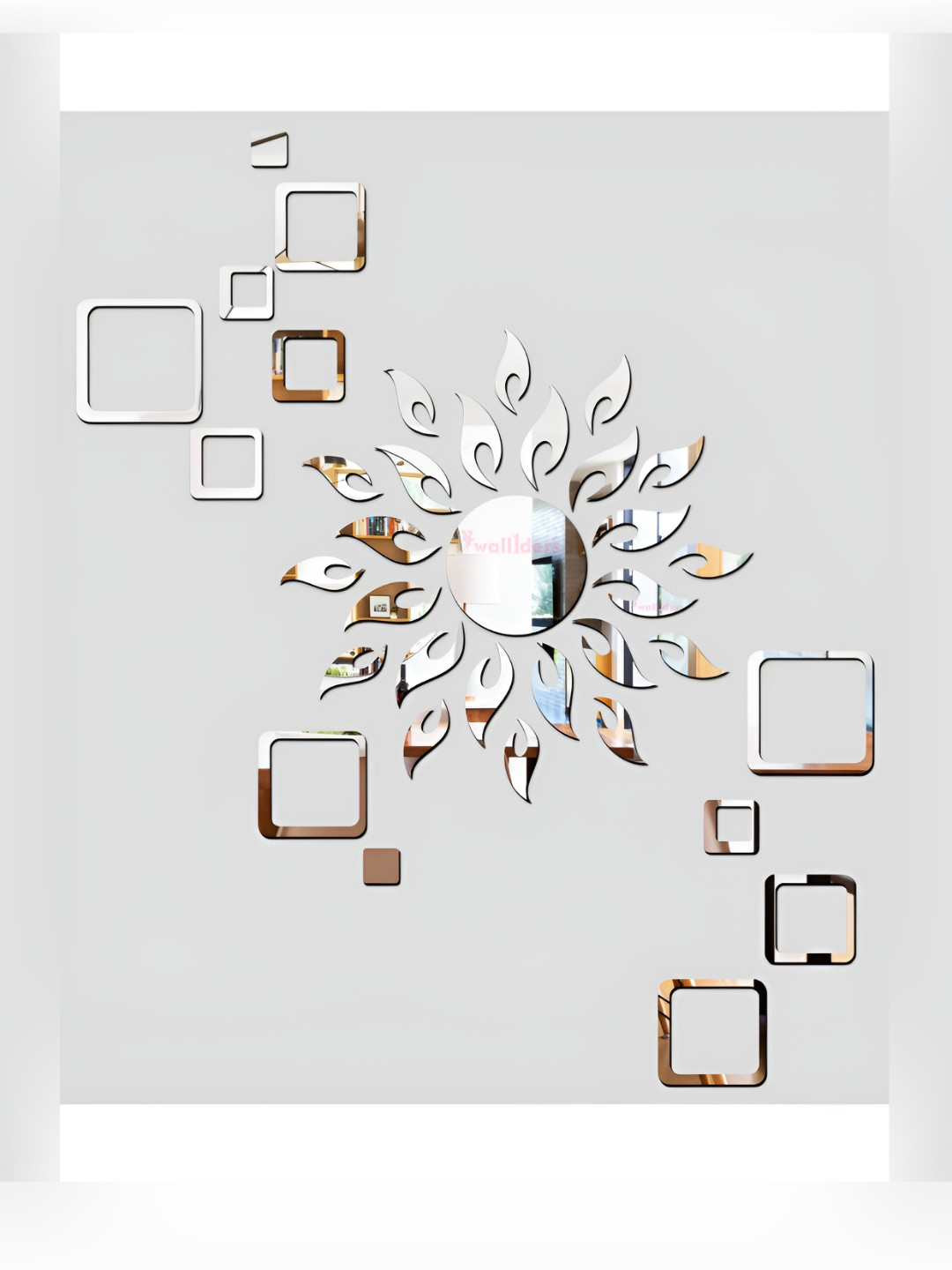 Wall1ders Silver Toned 37 Pcs Acrylic Sun With Square Mirror Wall Stickers