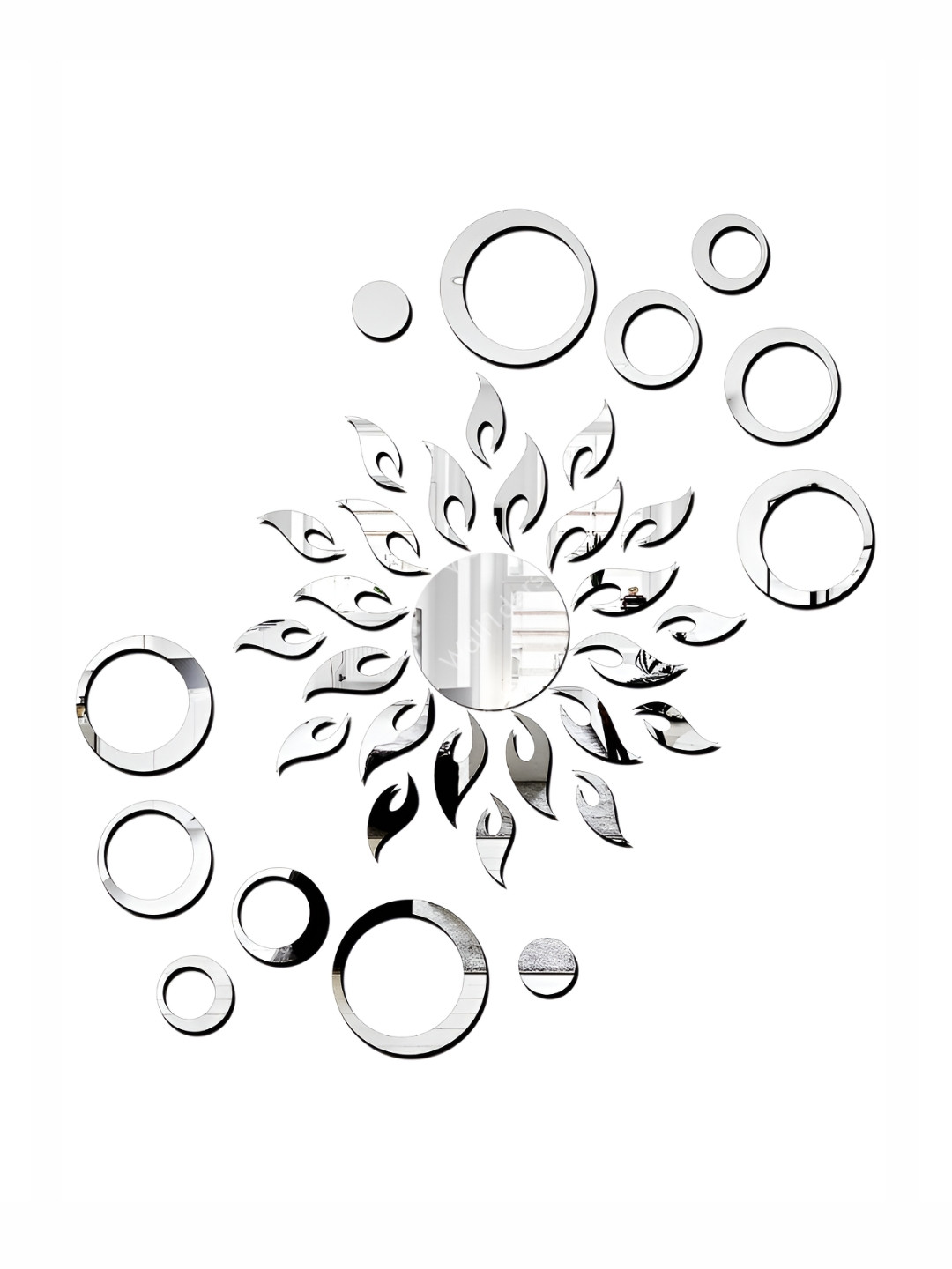 Wall1ders 37 Pieces Silver Toned Sun With Circle Shaped Mirror Wall Stickers