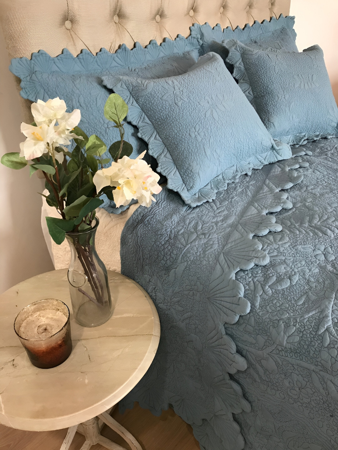 BELLEVEN Teal Self Designed Cotton Double King Fine Bedding Set