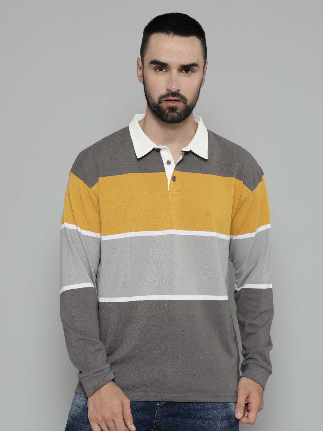 Maniac Colourblocked Drop-Shoulder Sleeves Cotton Oversized Polo Collar T-Shirt