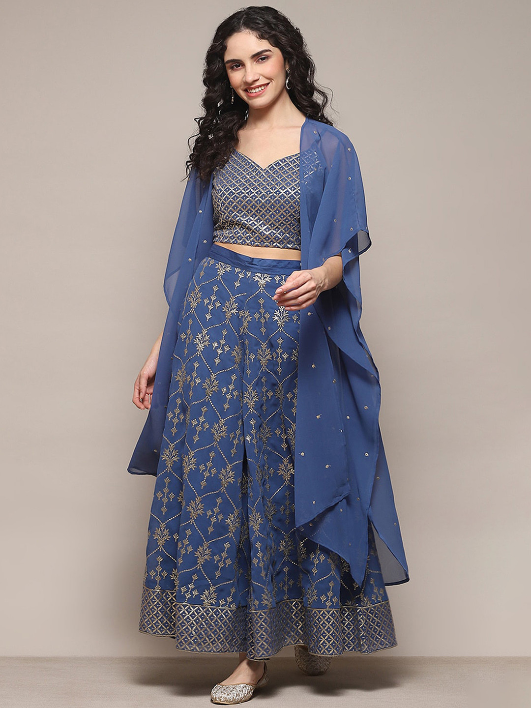 Biba Ethnic Motifs Embroidered Thread Work Crop Top with Palazzos & Shrug