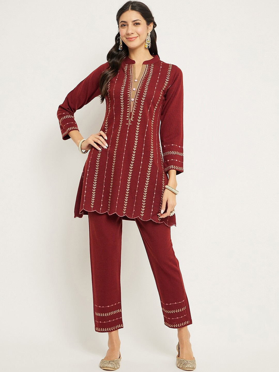 Zigo Embroidered Knitted Mandarin Collar Tunic With Trousers