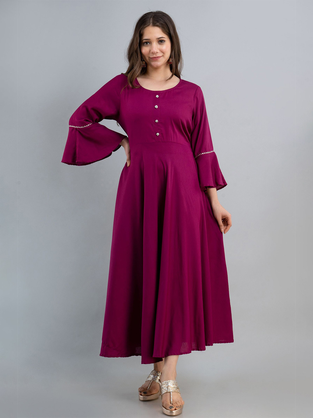 NAMDEV Round Neck Bell Sleeves Gathered Anarkali Maxi Ethnic Dress