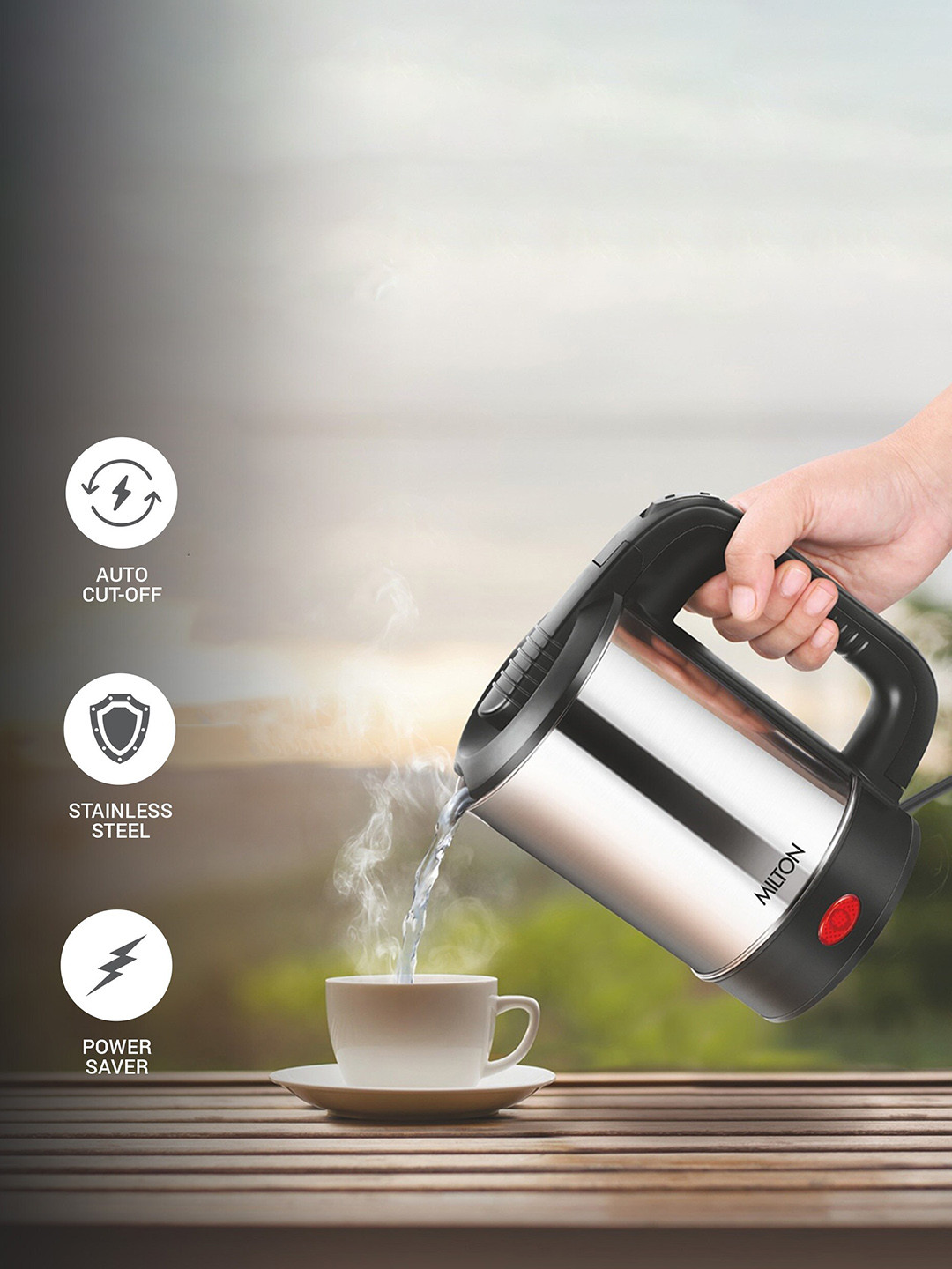 Milton Stainless Steel Euroline Electric Travel Kettle & Handle 1000 Watt 2 Utility Cups