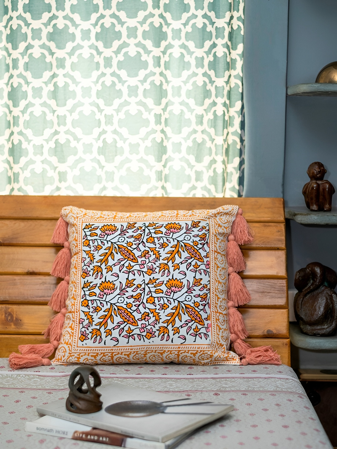 ABSTRACT INDIA White & Orange Floral Print Square Cushion Covers with Tassels