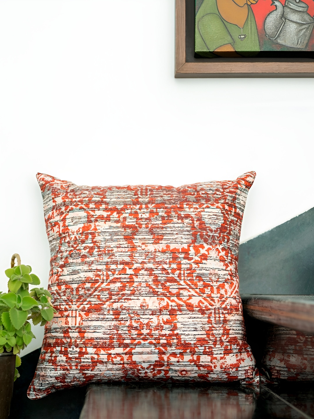 ABSTRACT INDIA Light-Weight Orange Striped Cotton Breathable Square Cushion Cover -16x16In