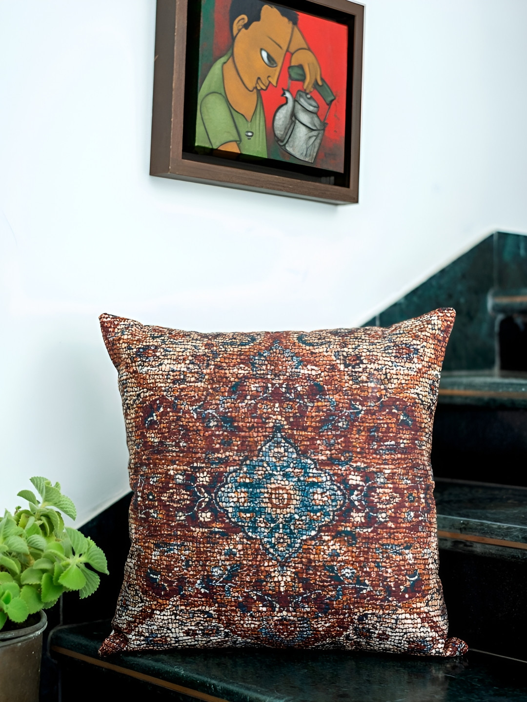 ABSTRACT INDIA Brown & Blue Ethnic Print Cotton Square Cushion Covers