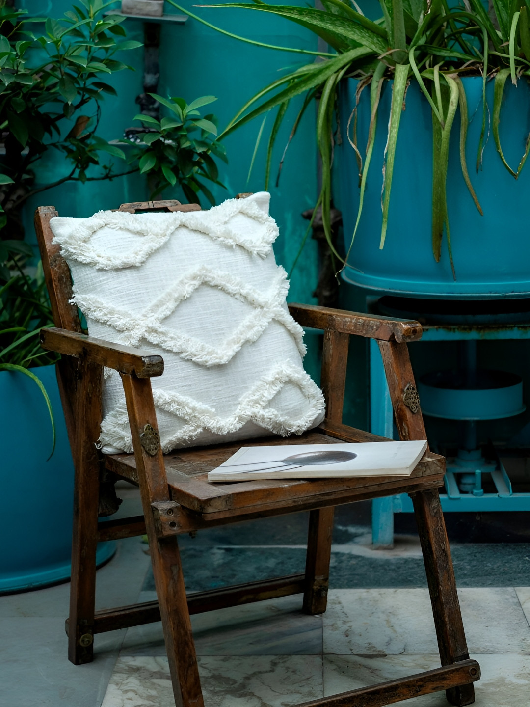 ABSTRACT INDIA White Embroidered Polyester Silk Breathable Square Cushion Cover -18x18In