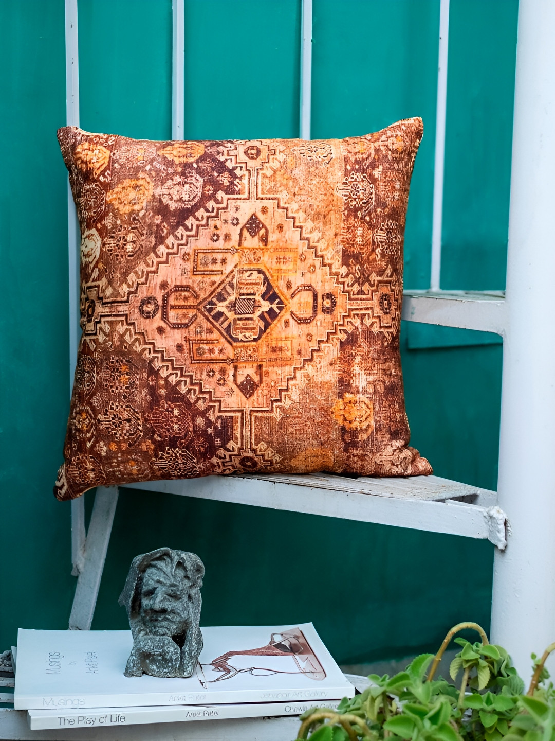 ABSTRACT INDIA Brown Ethnic Motifs Cotton Lightweight Square Cushion Cover -16.1x16.1In