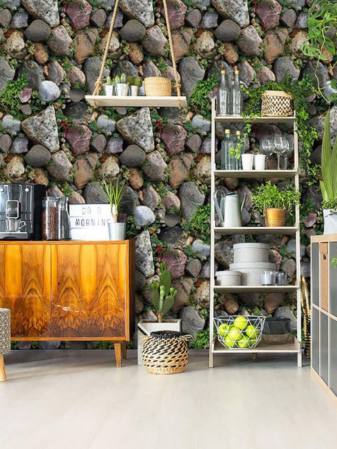 KAAF Grey & Green Stones Printed Self-Adhesive Wallpaper