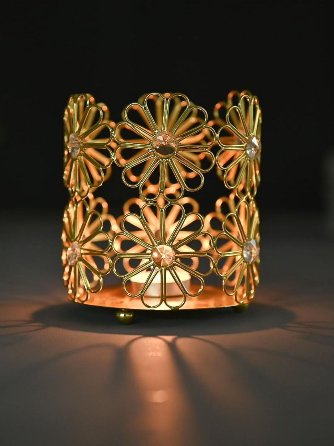 DecorTwist Gold-Toned Metal Crystal Tea-Light Candle Holders