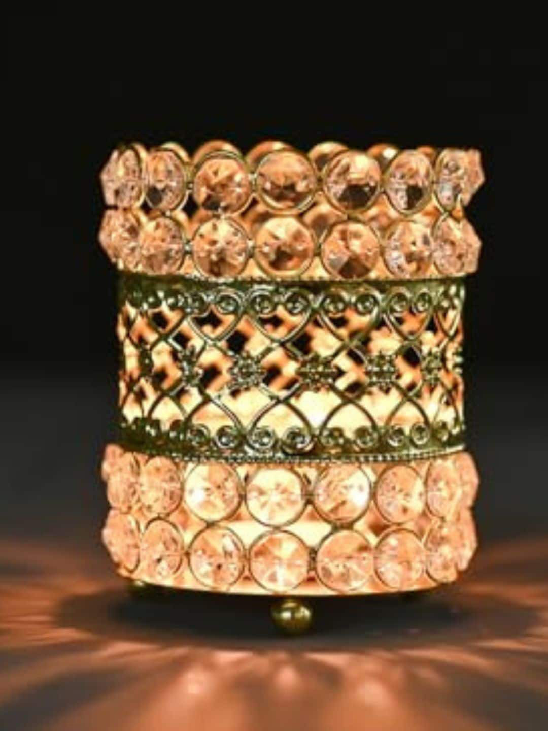 DecorTwist Gold Metal Crystal Tea-Light Candle Holders