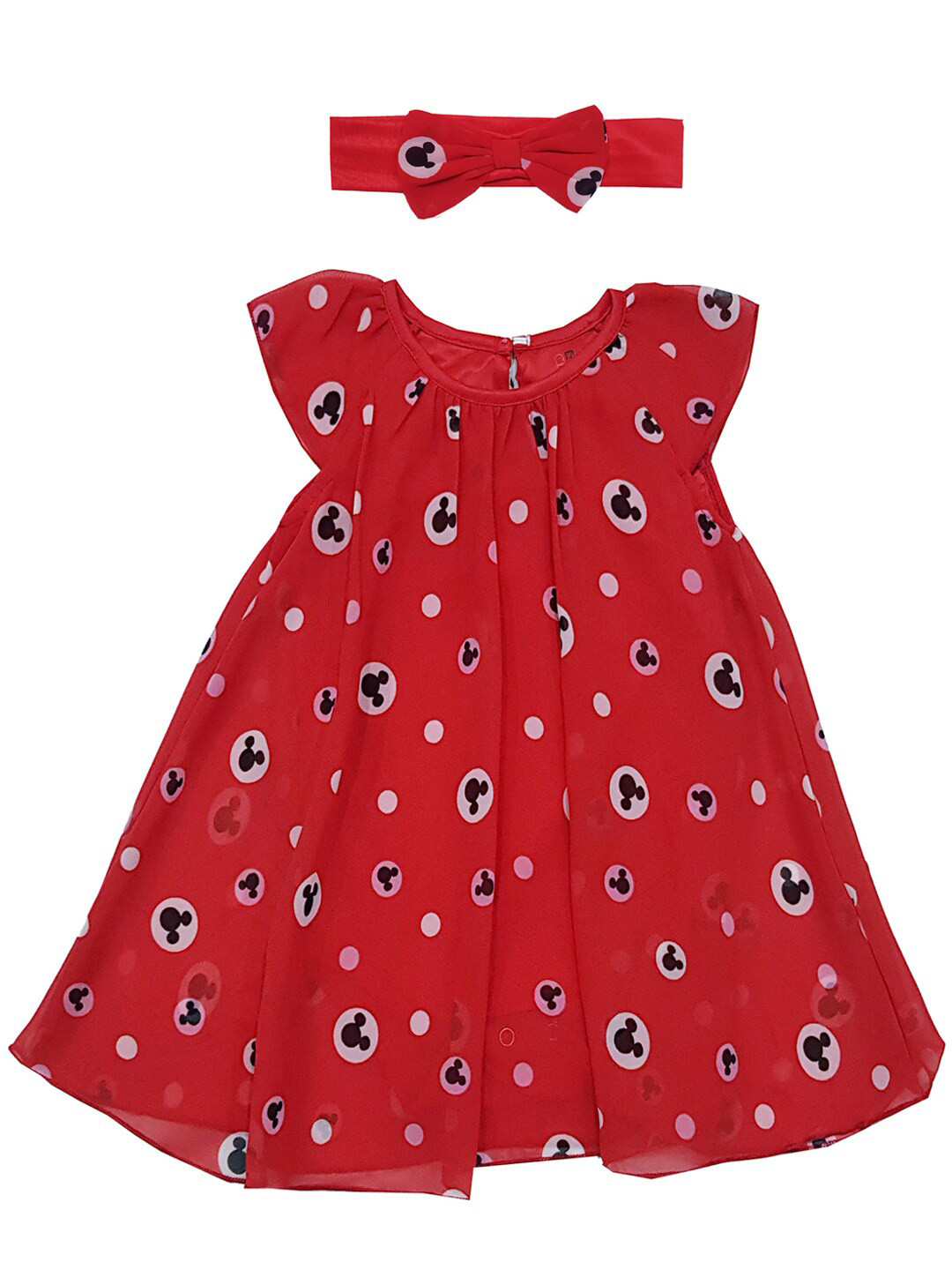 Creative Kids Infant Girls Mickey Mouse Printed Flutter Sleeve A-Line Dress With Head Band