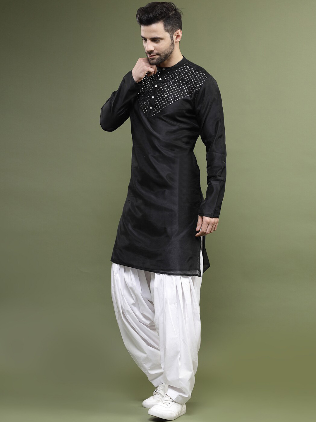 Ramas Men Mustard Long Sleeves Mandarin Collar Mirror Work Straight Kurta