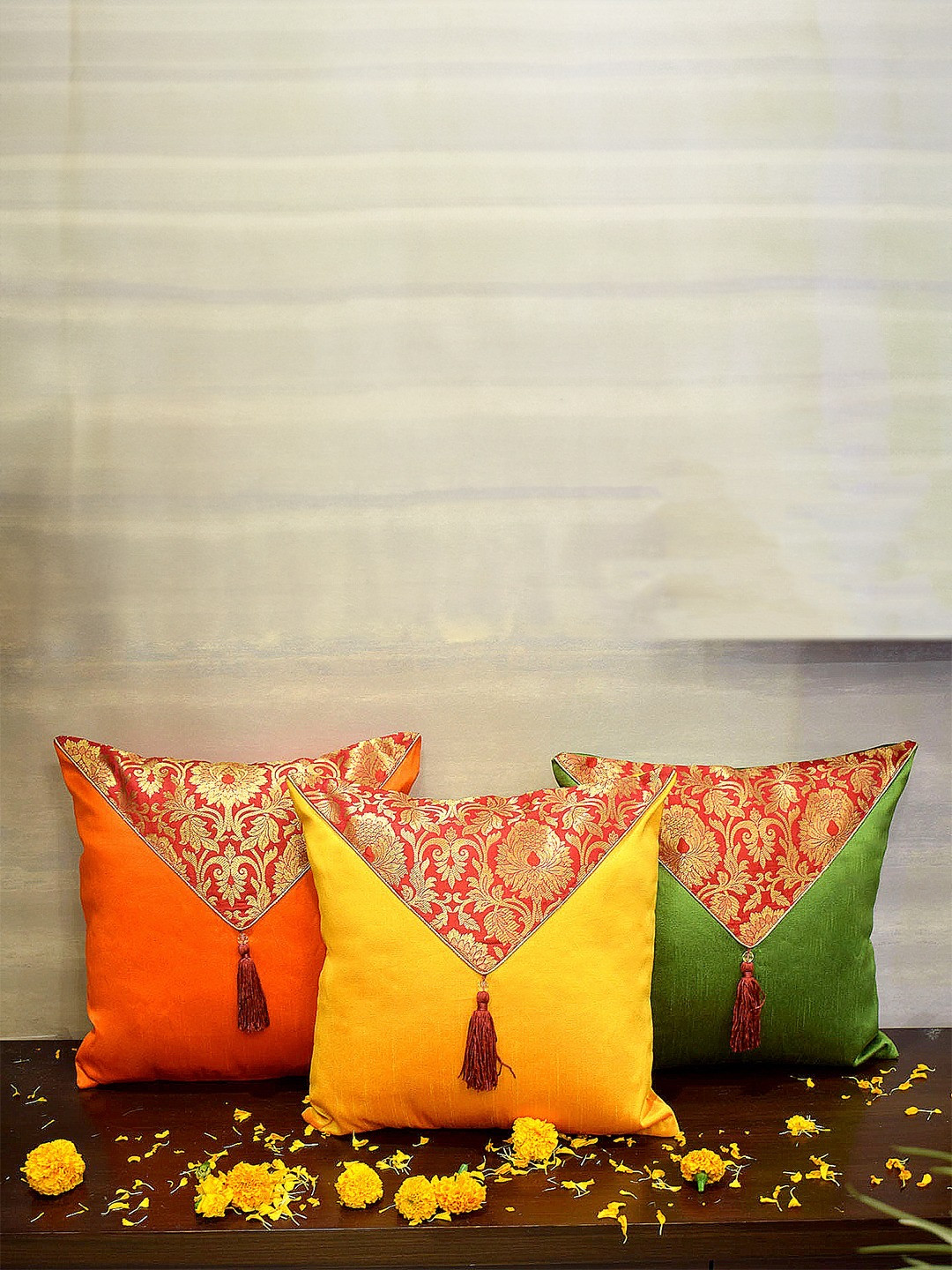 RoyalDeco Mehrang Ethnic Motifs Brocade Silk Washable 3 Pcs Zari Cushion Covers -16x16In