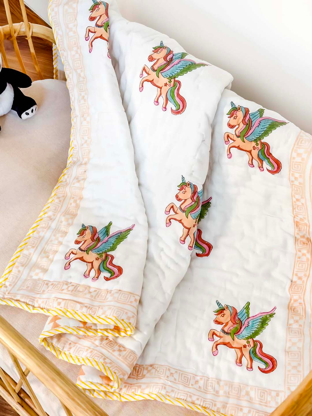 KICKS & CRAWL White & Orange Cotton 200 GSM Flying Unicorn Quilted Single Bed Blanket