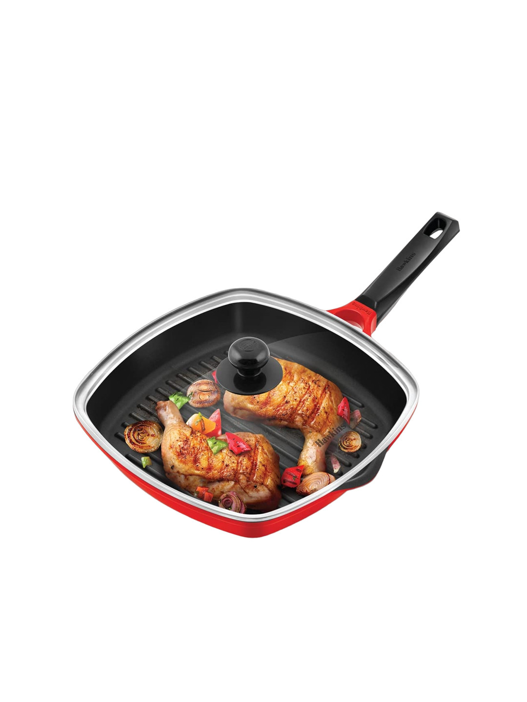 Hawkins Red & Black Aluminium Dishwasher Safe Grilling Pan with Glass Lid