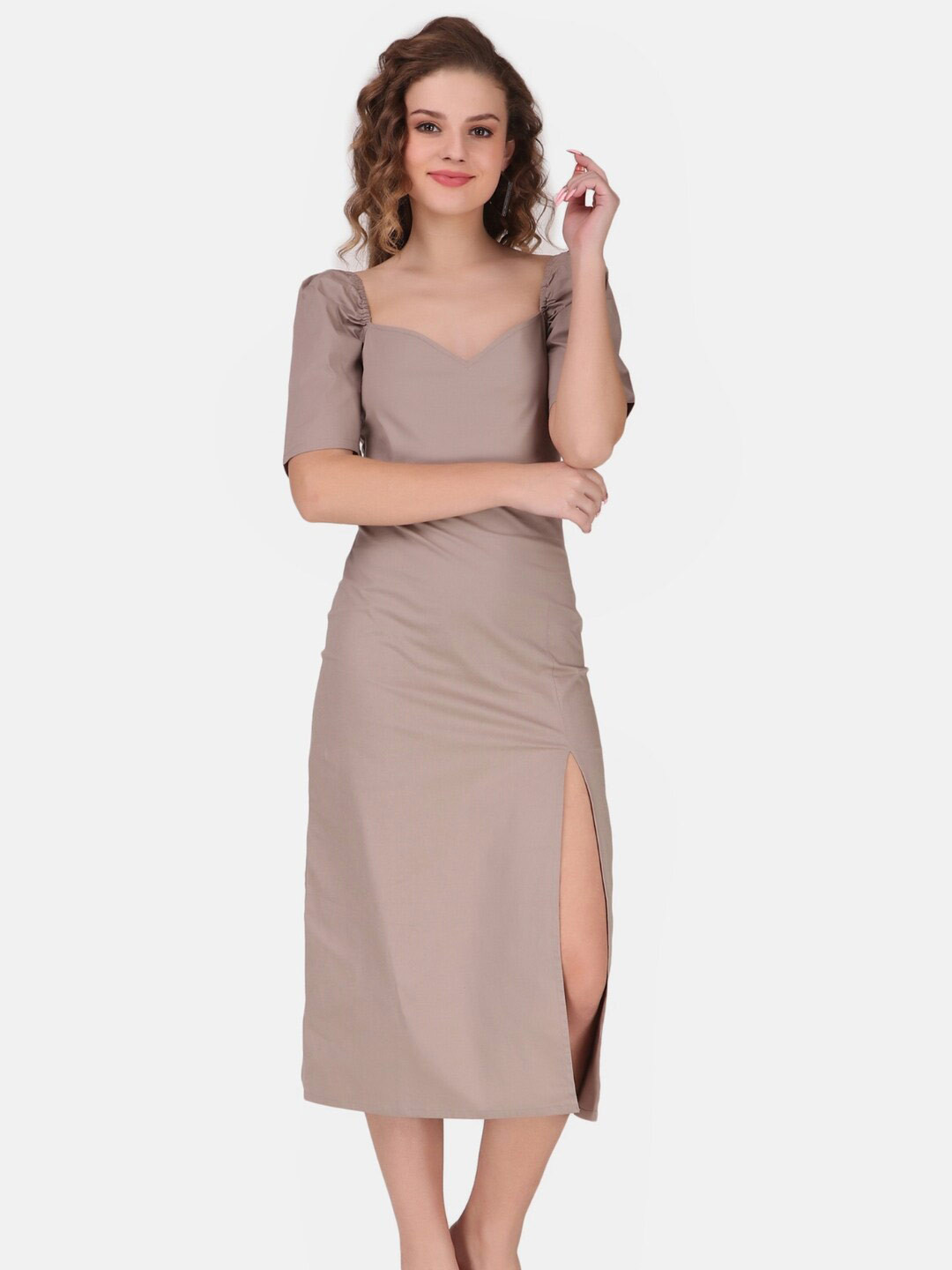 STARIN Sweetheart Neck Cotton Slit A-Line Midi Dress