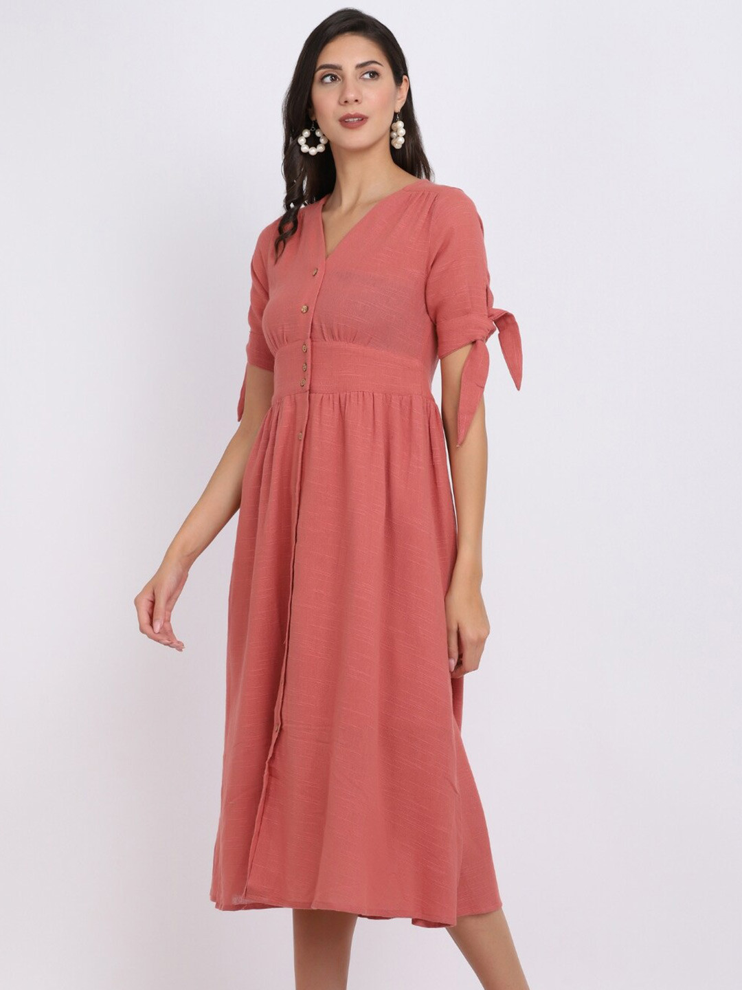 STARIN V-Neck Linen Tie-Ups Fit & Flare Midi Dress