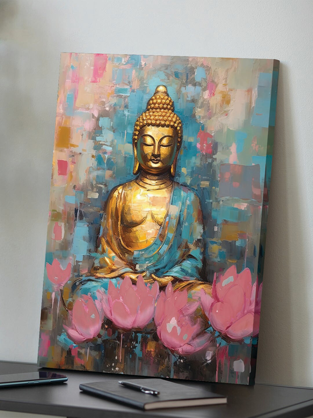 Art Street Gold-Toned & Pink Peaceful Lord Buddha With Flowers Canvas Painting Wall Art