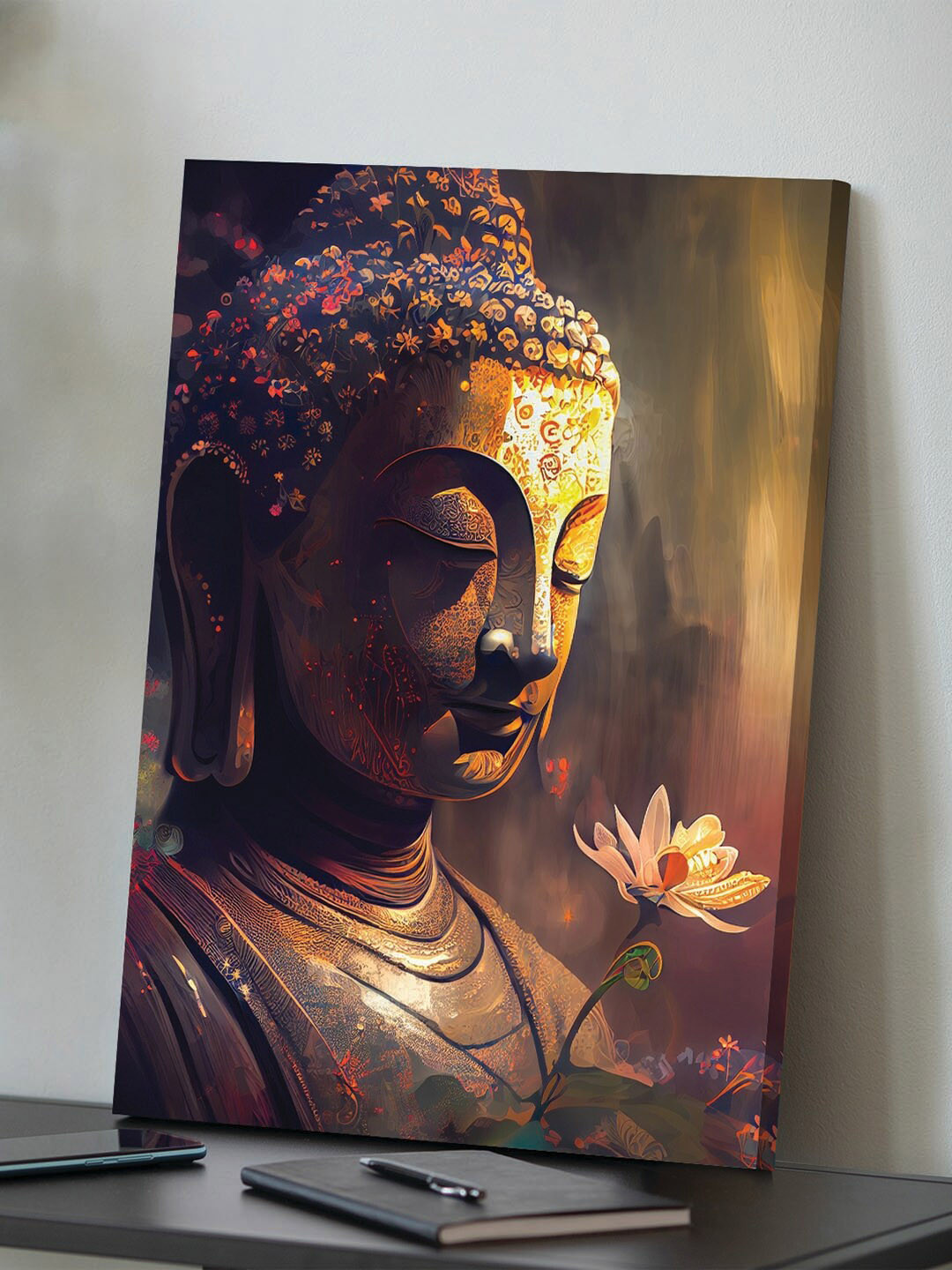 Art Street Grey & Pink Lord Buddha With Flower Canvas Painting Wall Art