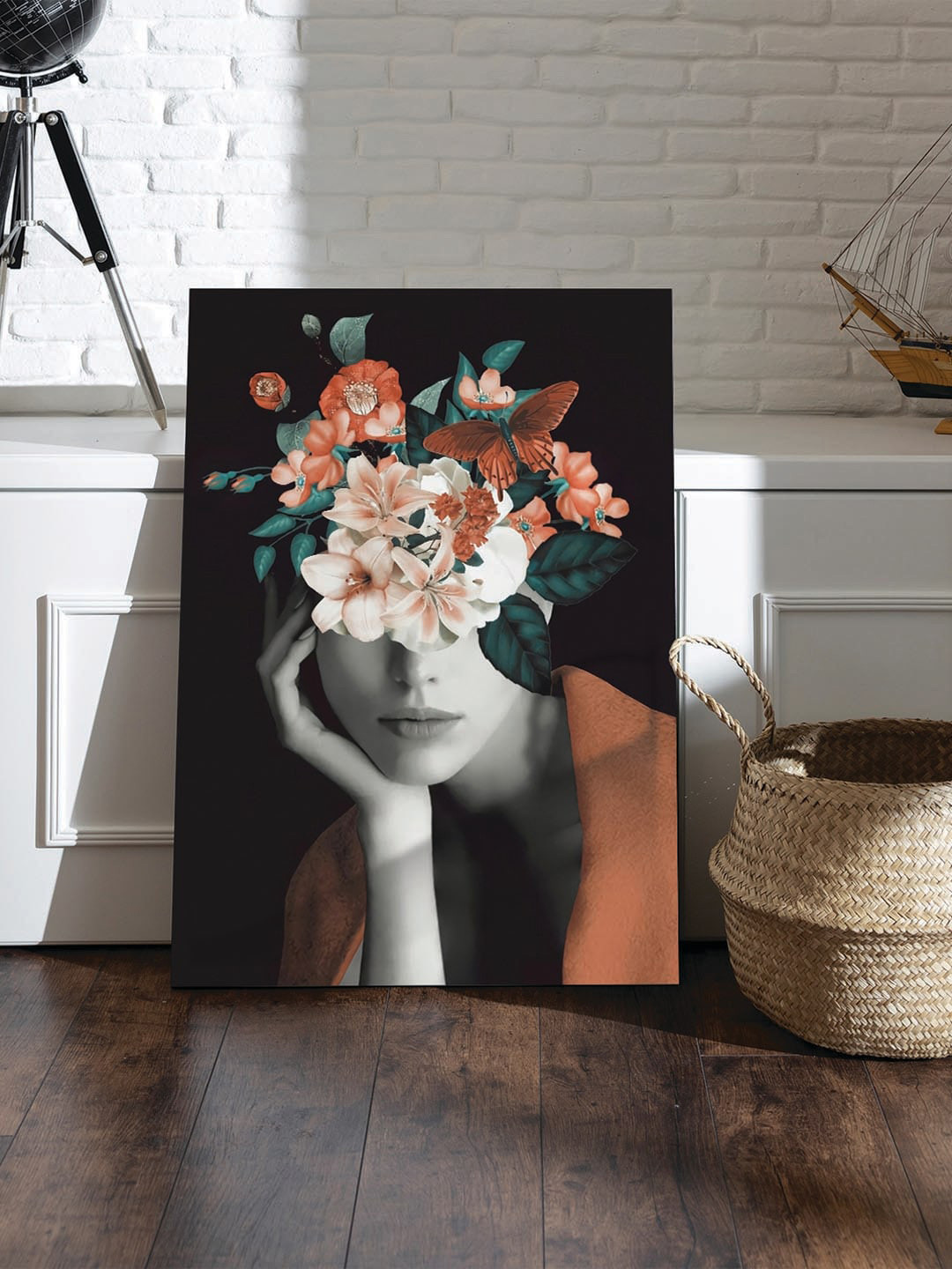 Art Street Grey & Rust Flowers & Butterfly Canvas Painting Wall Art