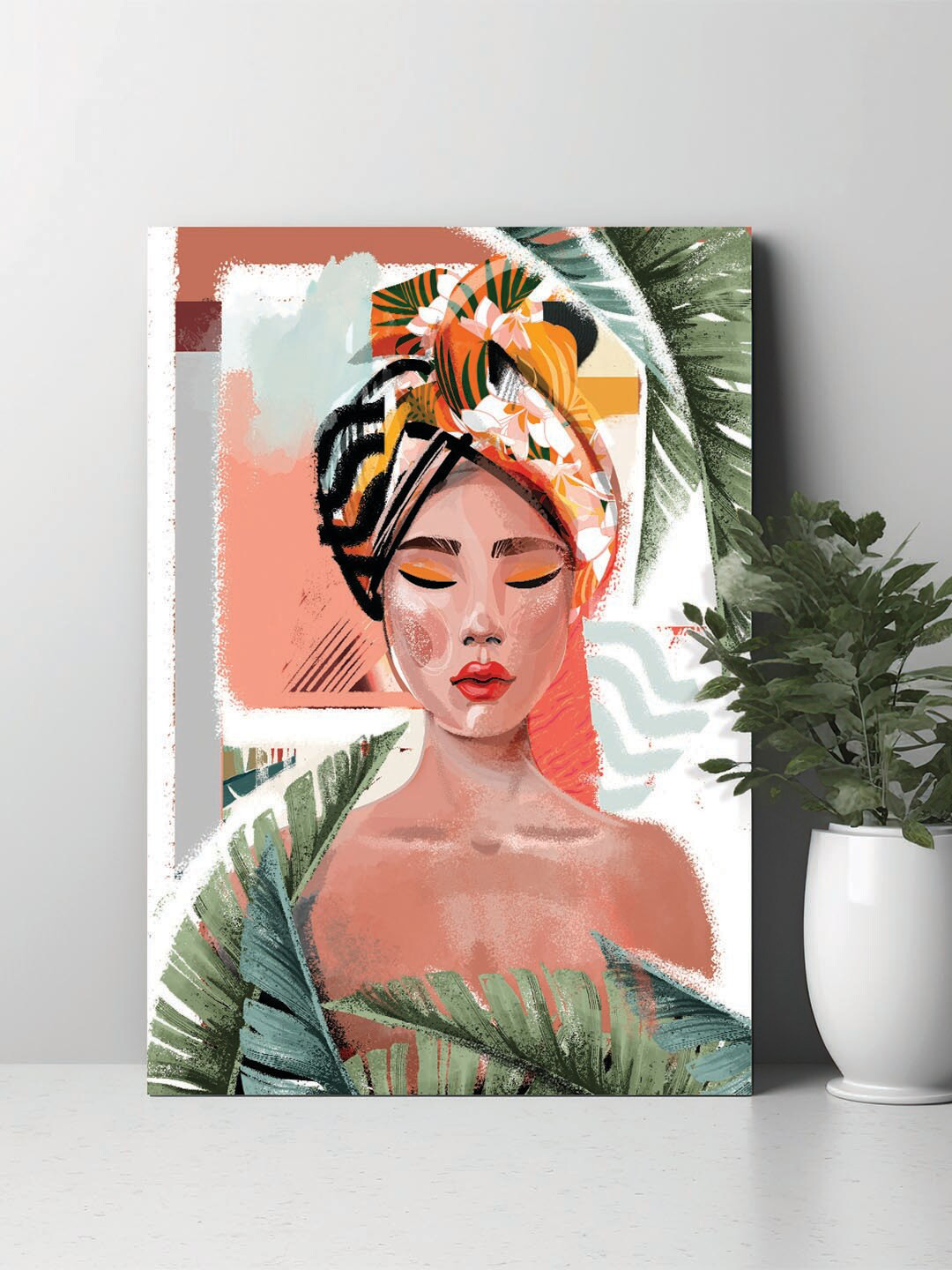 Art Street Beige & White Asian Female Canvas Painting Wall Art