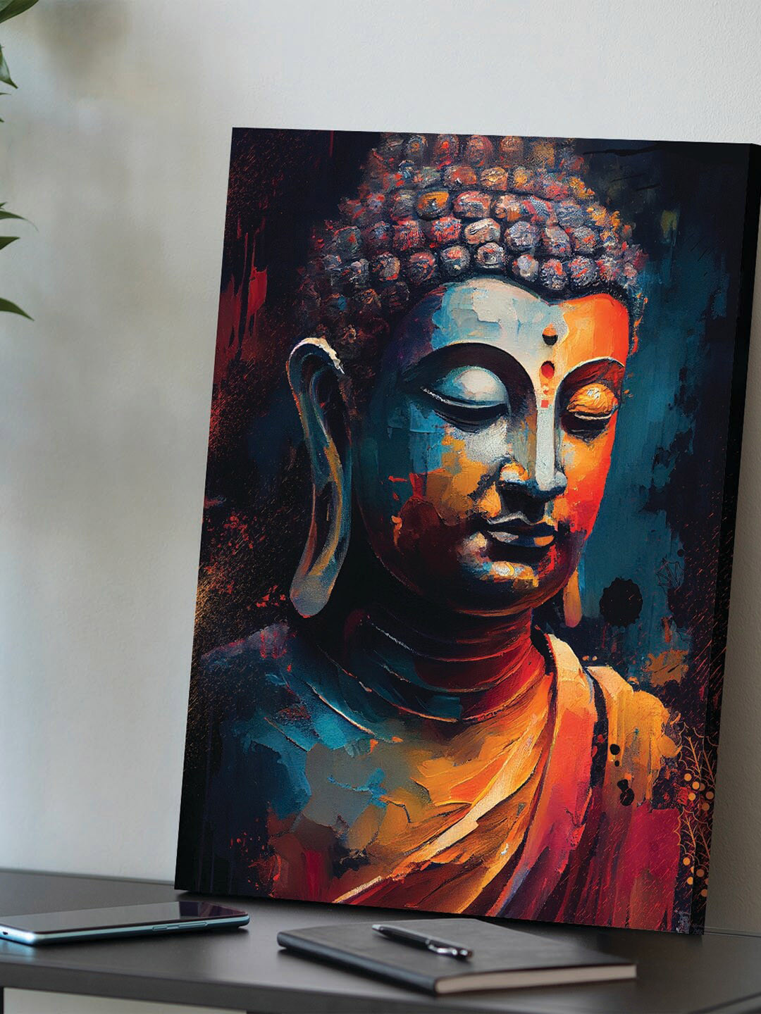 Art Street Blue & Orange Peaceful Lord Buddha Canvas Painting Wall Art