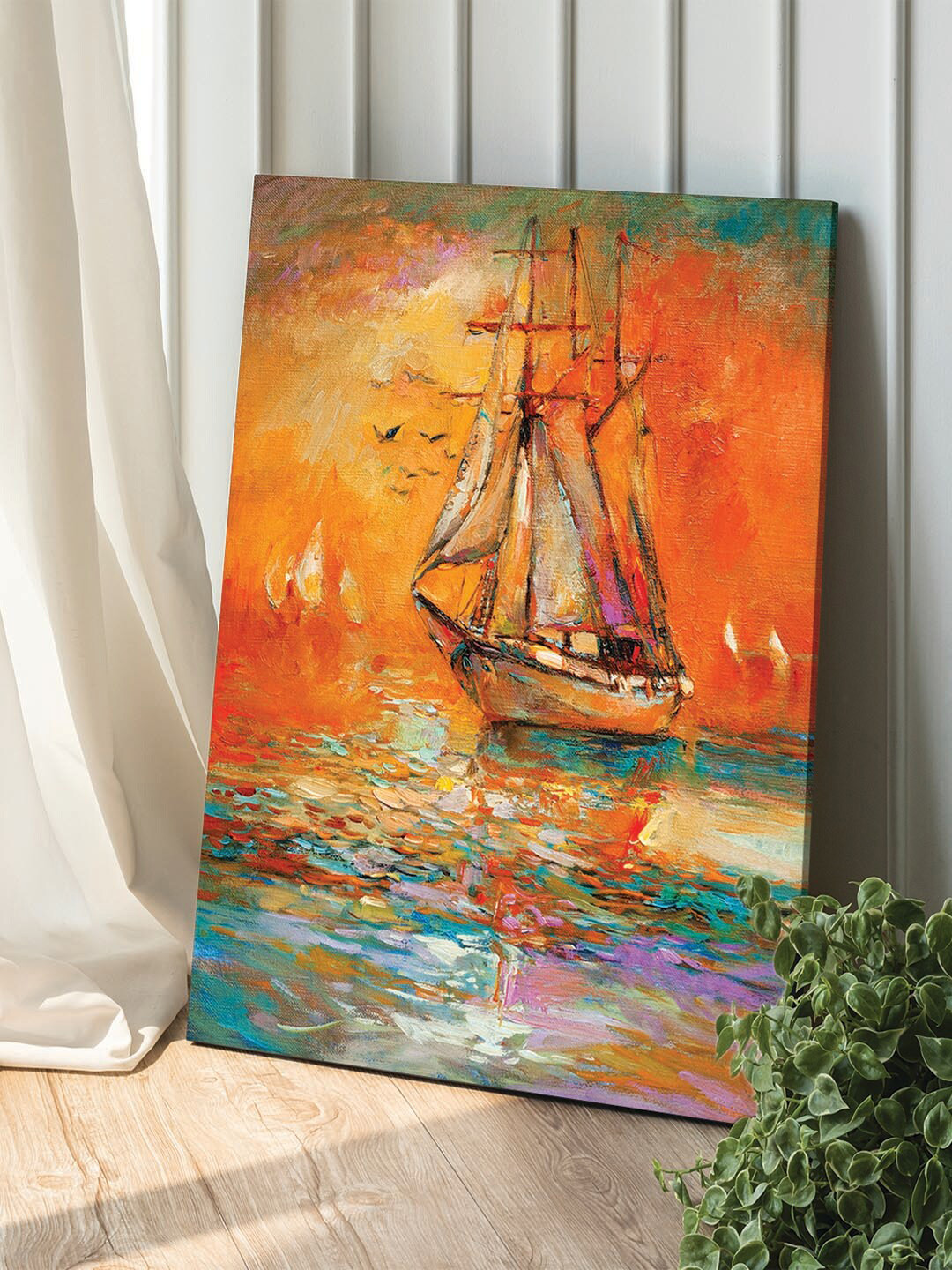Art Street Red & Green A Vintage Boat In The Lake Canvas Painting Wall Art