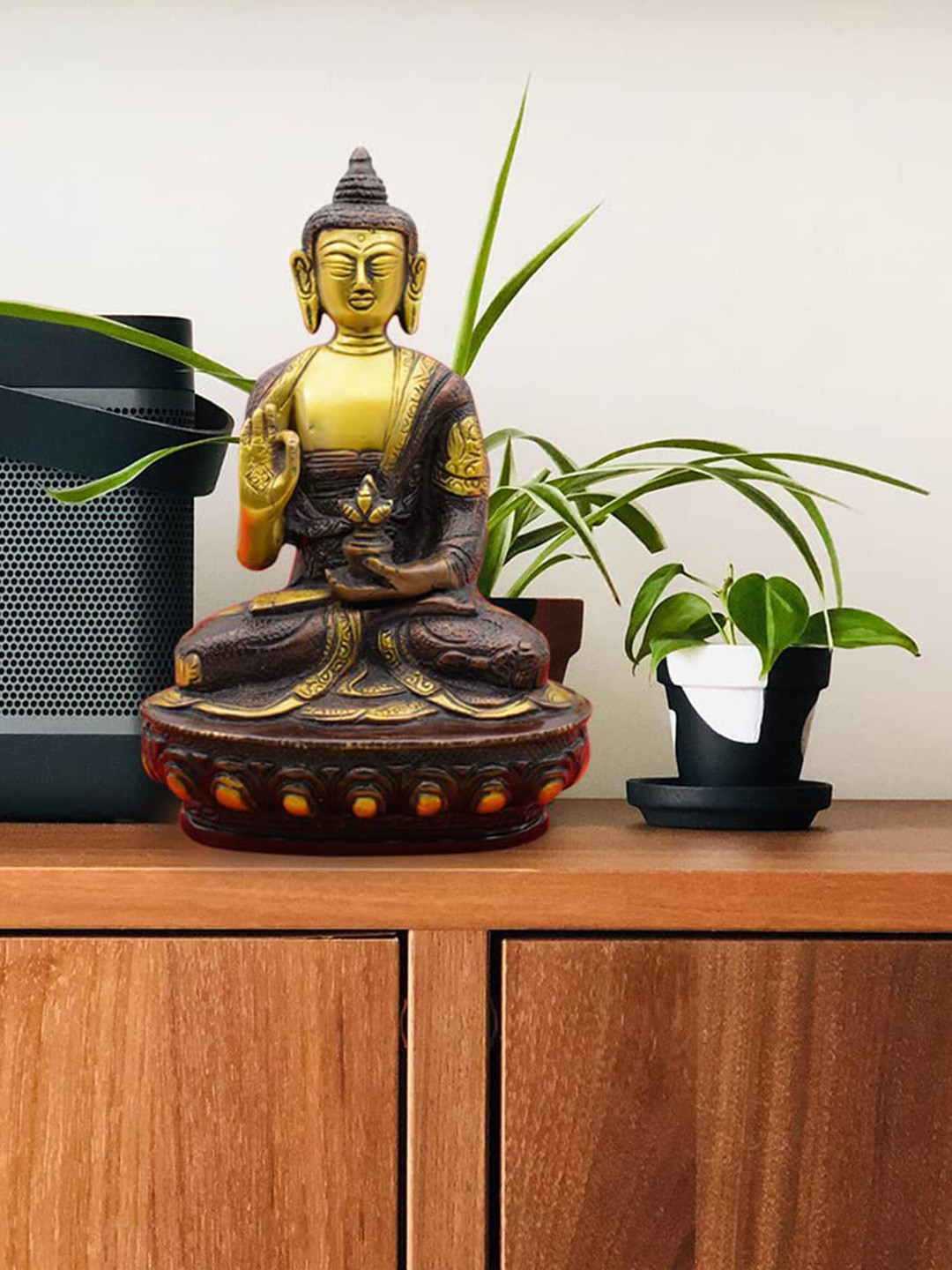 PujaNPujari Meditation Buddha Gold Metal Matte Living Room Medium Showpiece - 7.9 Inches