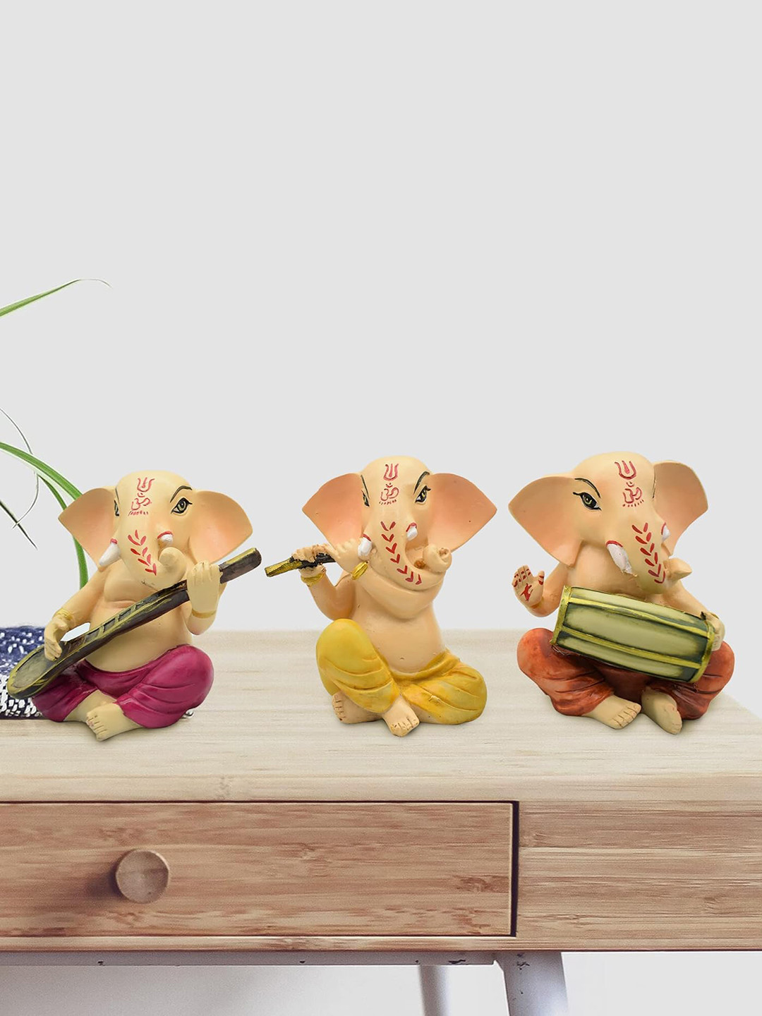 PujaNPujari Musical Ganesh Set Beige Fabric Glossy Living Room Music Set of 3 Medium Showpieces - 5.9 Inches
