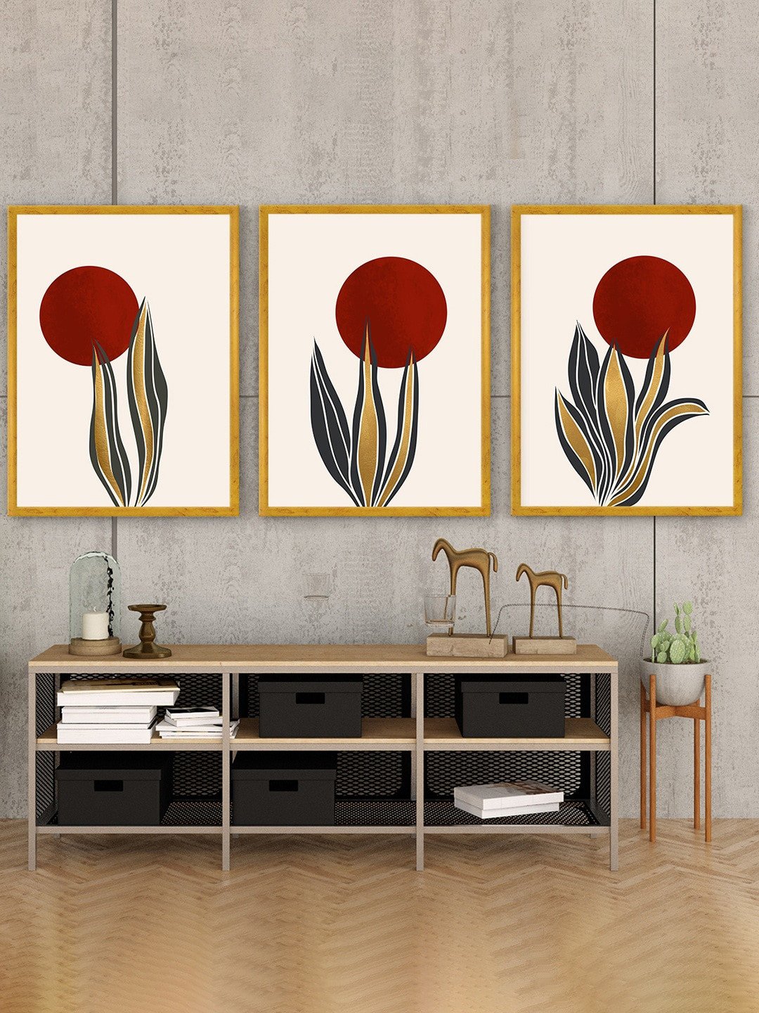 Art Street White & Red 3 Pieces Moon on Leaf Painting Wall Art