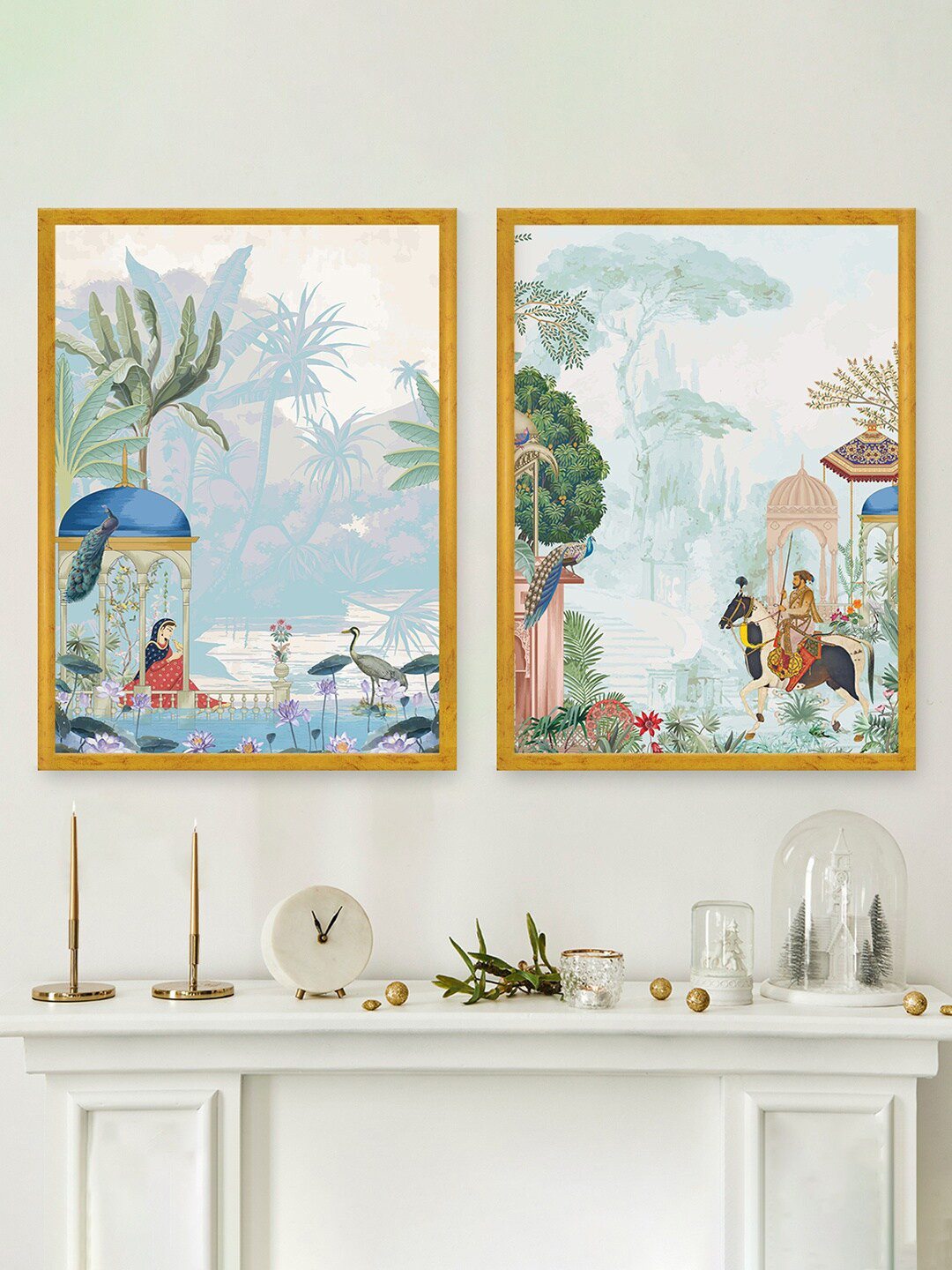 Art Street Gold Toned & White 2 Piece Mughal Garden Painting Wall Art