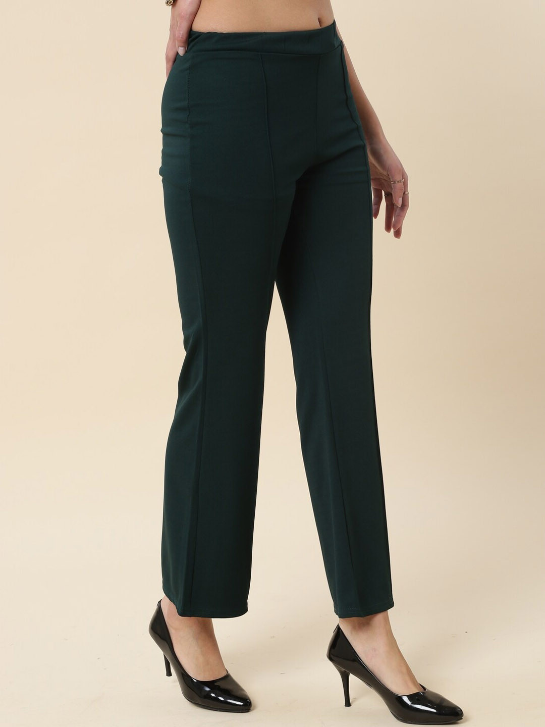 FITHUB Women Smart Flared High-Rise Lint Free Bootcut Trousers