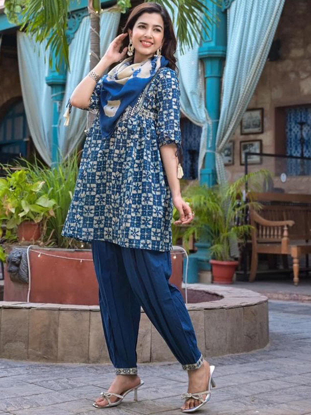 Varanga Mirror Work Yoke Embroidered A-Line Kurta With Tonal Afghan Trouser & Dupatta