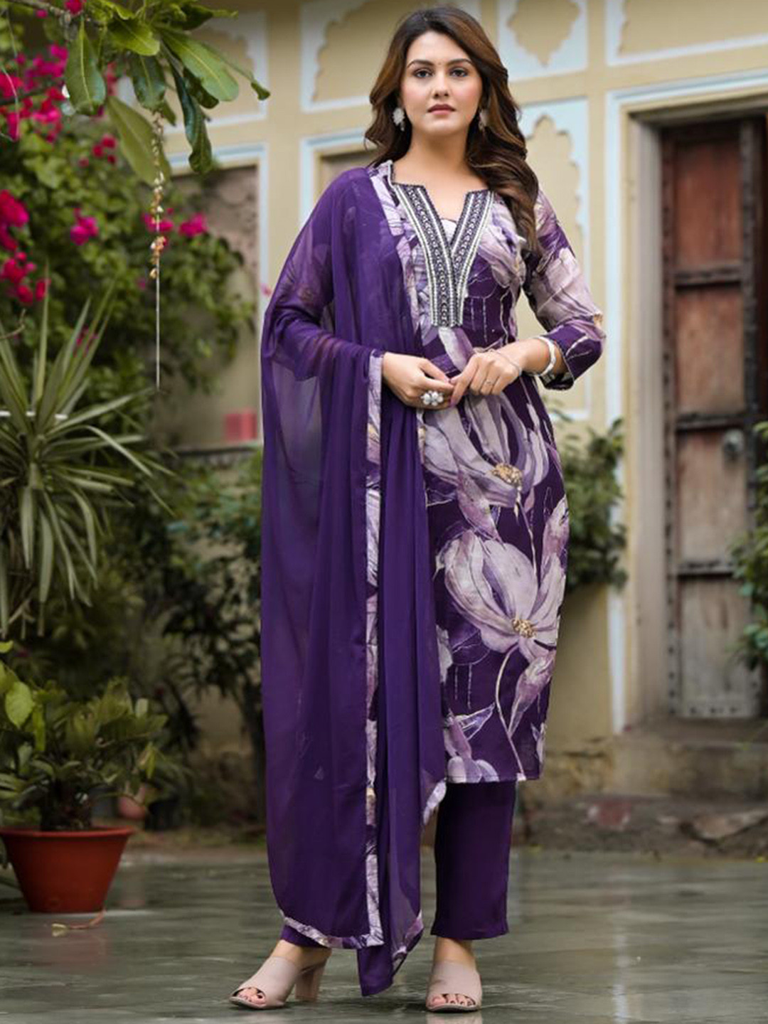 Varanga Floral Printed Sequin & Pearl Embroidered Straight Kurta With Trouser & Dupatta