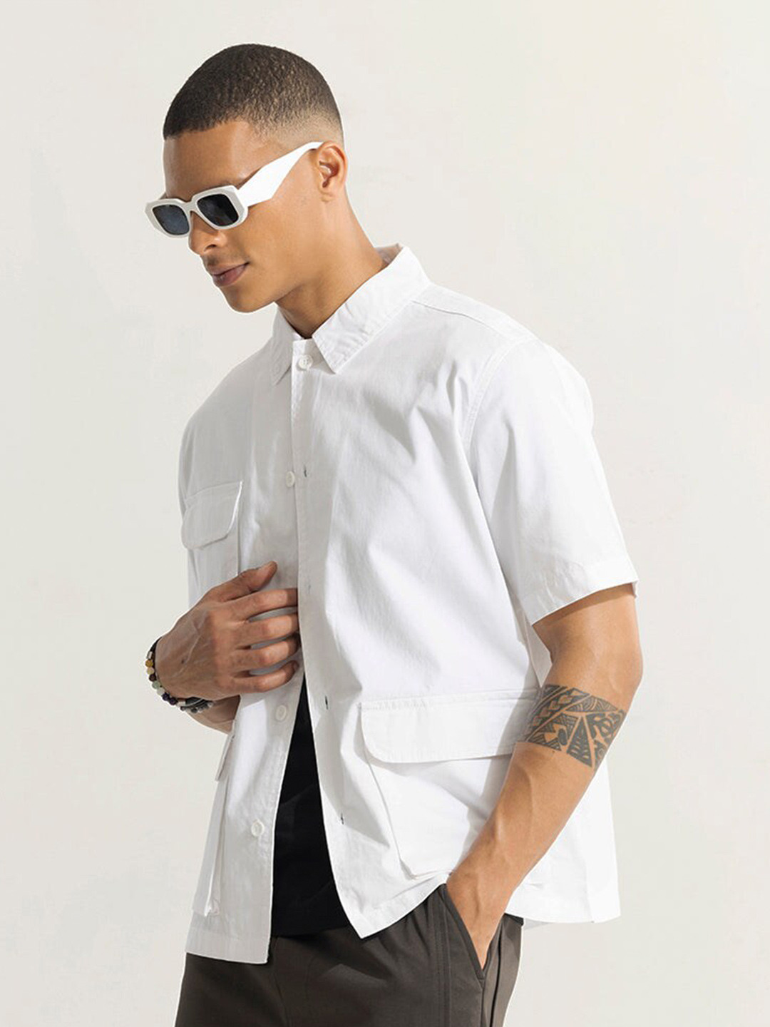 Snitch White Classic Pure Cotton Casual Shacket - Oversized