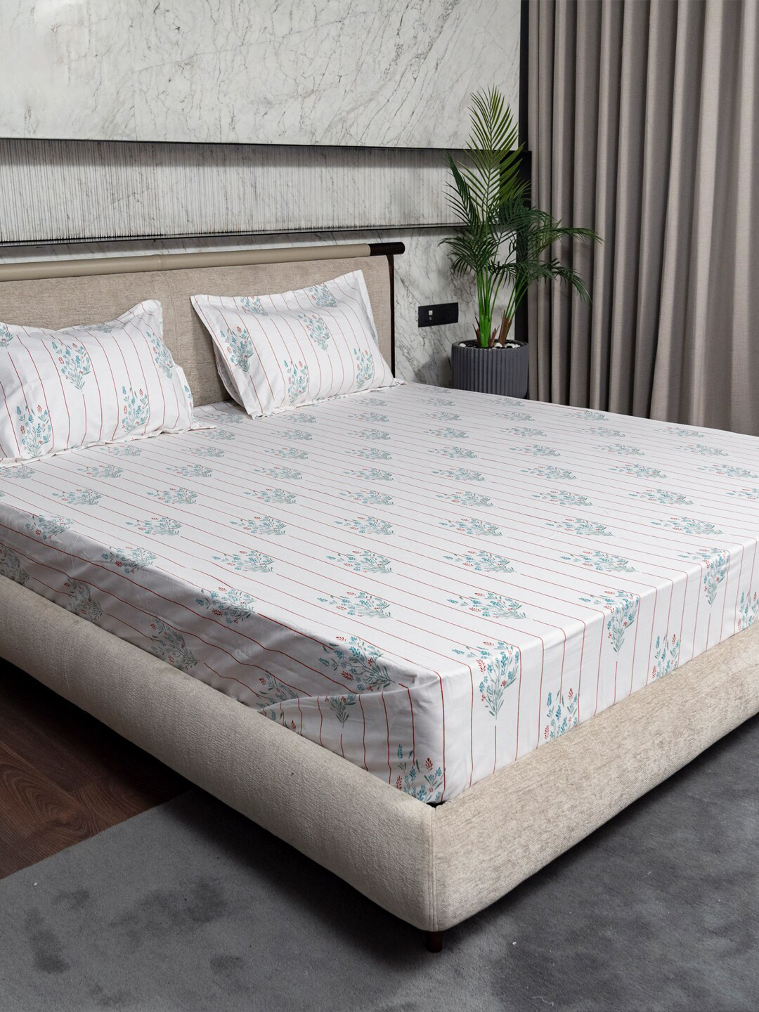 URBAN SPACE Rust Floral Cotton 200 TC Single Fine Bedsheet with a Pillow Cover-140 x 220 cm